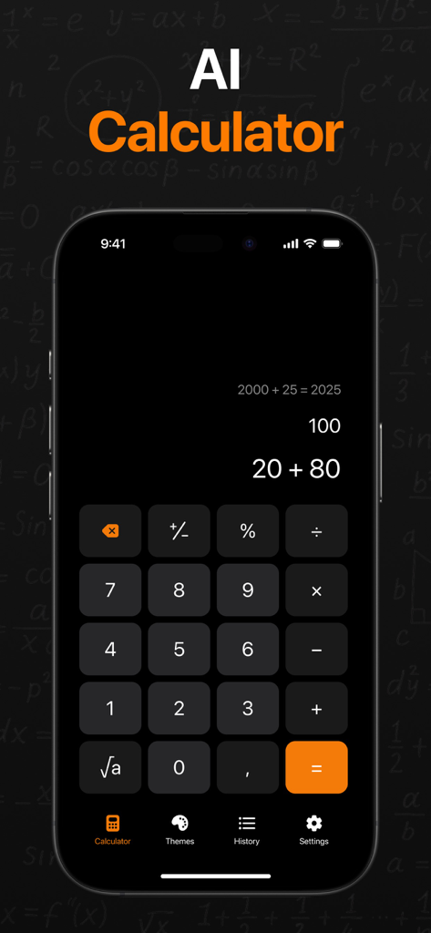 A smartphone showing the AI Calculator app interface with math buttons and a calculation display