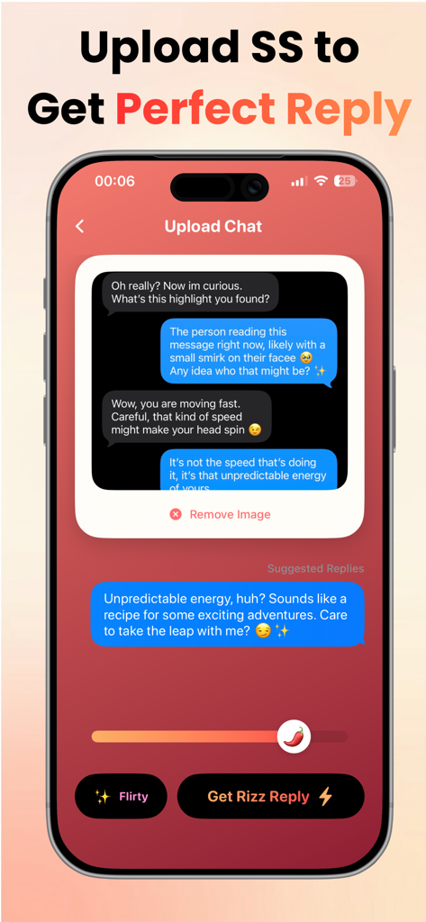 Rizz AI - Texting Wingman - A screenshot of the Rizz AI app interface showing a chat upload feature and a generated flirty response for a dating app conversation.