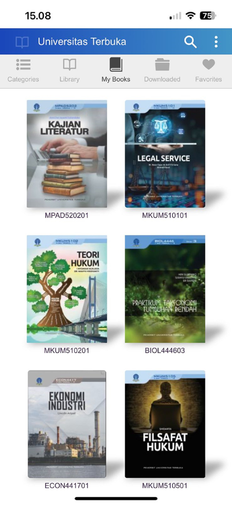 Bahan Ajar Interaktif-UT - Digital library screen of the Universitas Terbuka interactive teaching materials app showing various textbook covers