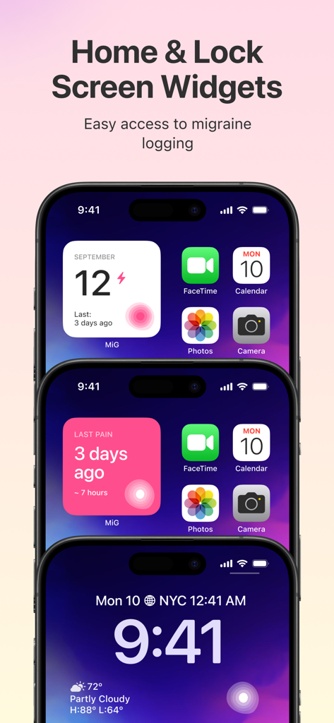 Home and lock screen widgets for the MiG migraine tracker app for quick symptom logging