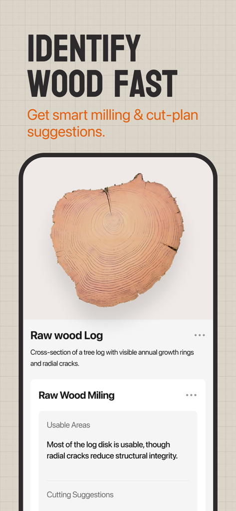WoodSense: Craft & Identifier - WoodSenseアプリのインターフェースに、原木識別と製材の提案が表示されています