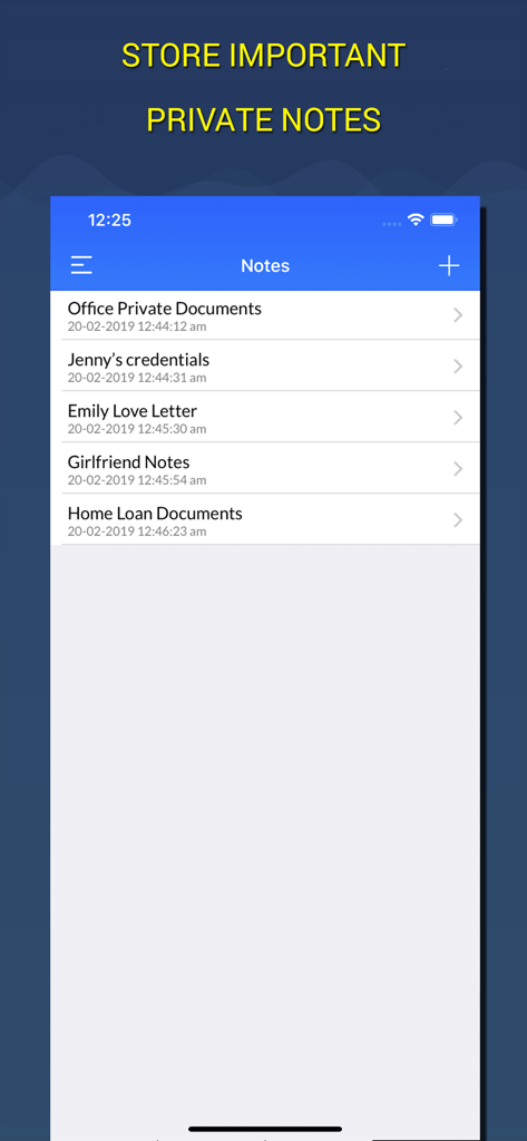 Interface de l'application Coffre-fort Calculatrice Sécurisé affichant une liste de notes et documents privés cryptés