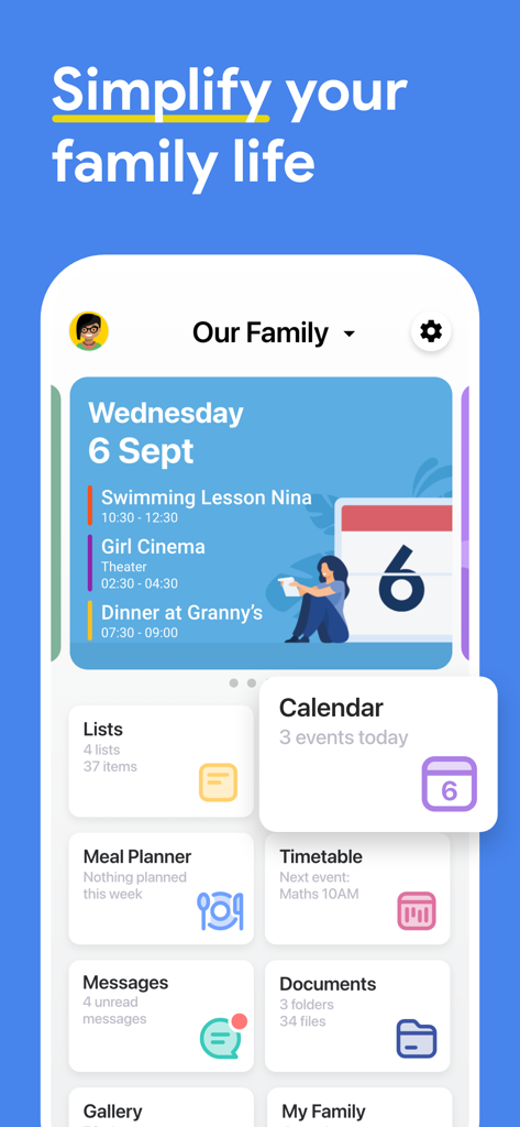 Interface de l'application FamilyWall montrant le tableau de bord familial avec les événements du calendrier partagé, les listes et les outils de planification des repas