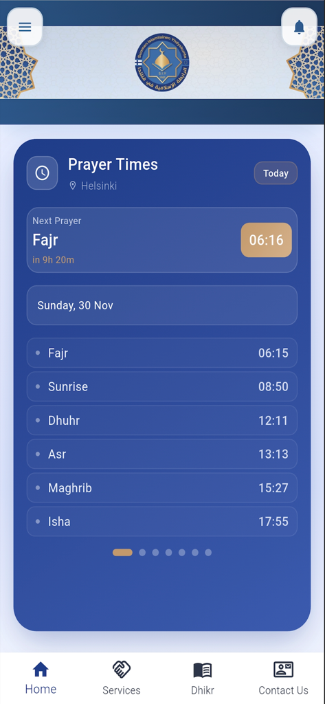 Rabita app screen showing a minimalist blue interface with a schedule of daily Islamic prayer times for Helsinki.