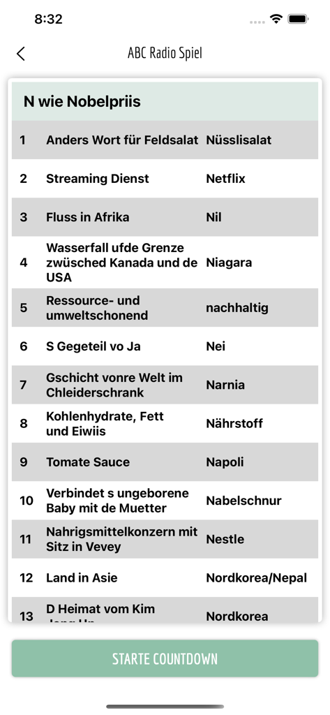 ABC Radio Spiel (Schweizer Ed) - ABCラジオシュピールアプリのスクリーンショット。文字Nで始まるドイツ語の雑学問題と解答のリストを表示。