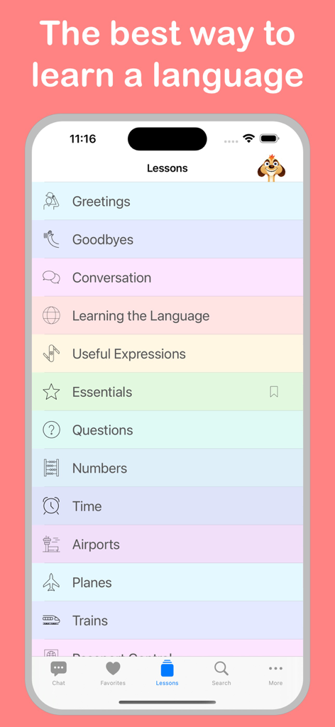 Learn Spanish + © - Mobile app interface for Learn Spanish Plus showing a list of practical language lessons like Greetings Conversation and Airports