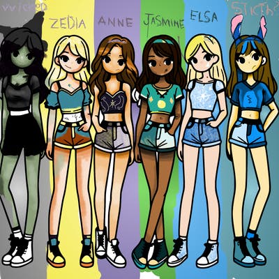 a group of girls wearing crop tops and shorts