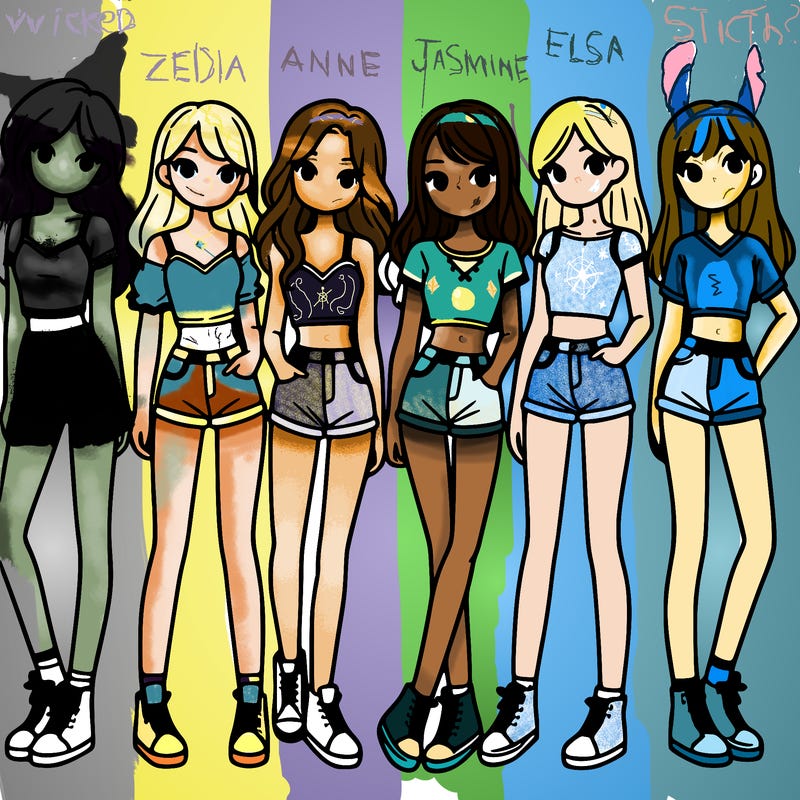 a group of girls wearing crop tops and shorts