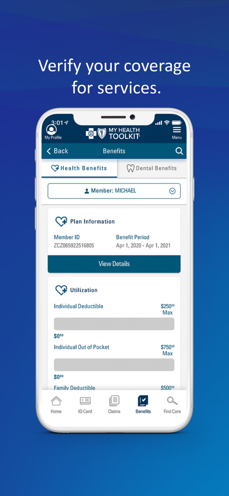 A smartphone displaying the My Health Toolkit app benefits screen showing member deductible and out of pocket progress.