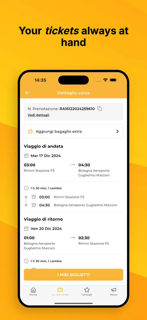 Details des digitalen Tickets in der Shuttle Italy Airport App, das eine Hin- und Rückfahrt zwischen Rimini und dem Flughafen Bologna anzeigt
