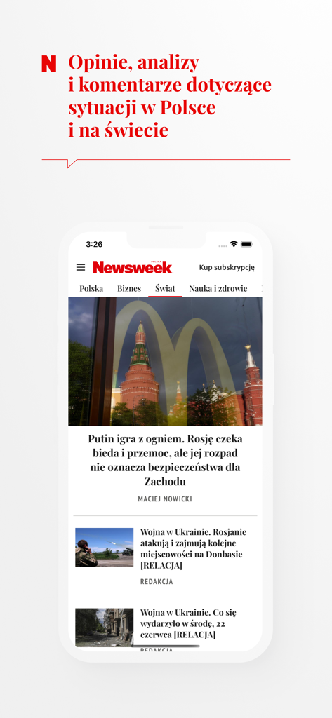 Newsweek Polska - Newsweek Polska mobile app interface displaying global news articles and political commentary in Polish.