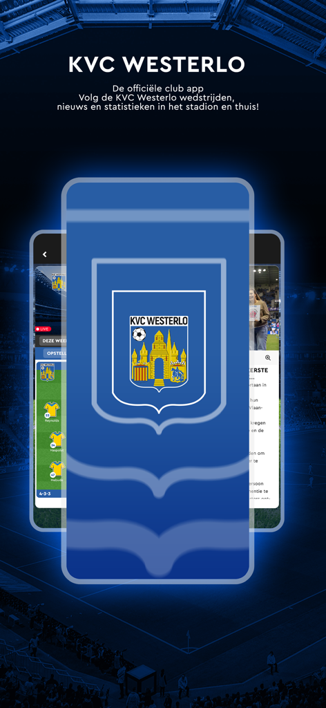 KVC Westerlo official club app interface displaying the team logo over a stadium background