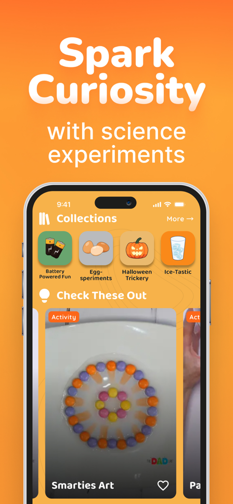 FunLab: Science Games for Kids - FunLab mobile app interface showing science experiment collections and a Smarties art activity for kids