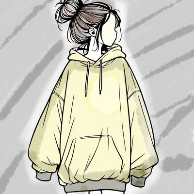 realistic girl with a oversized sweatshirt on and a bun