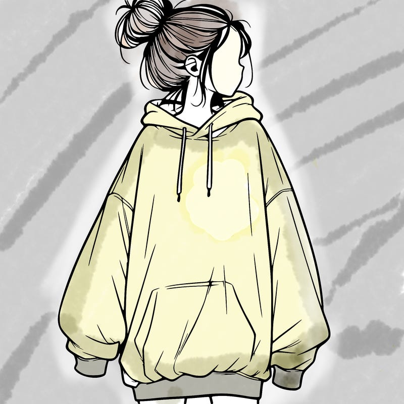 realistic girl with a oversized sweatshirt on and a bun