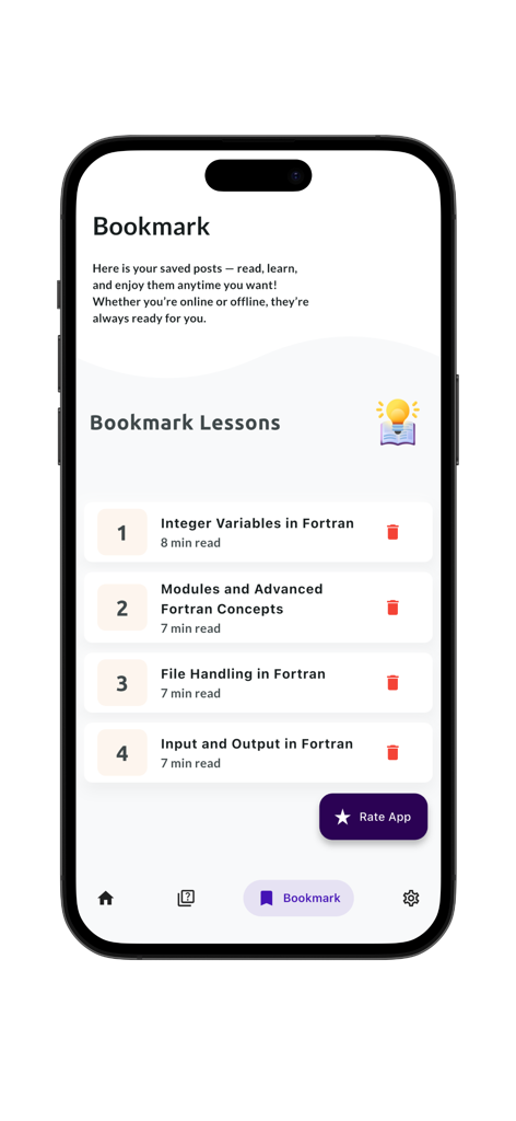 Screenshot of the bookmark screen in the Learn Fortran Programming app displaying a list of saved lessons