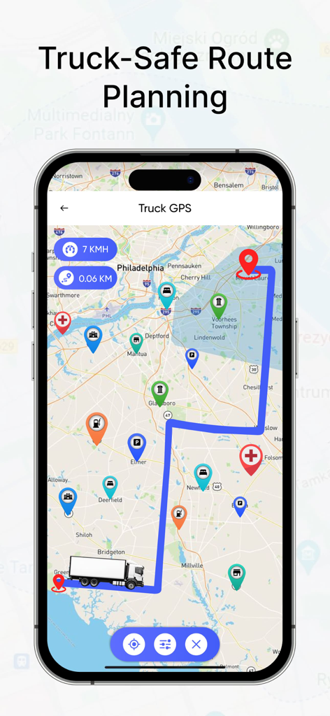 Aplicativo de GPS para Caminhões mostrando uma rota de condução segura para caminhões com ícones de serviços próximos.