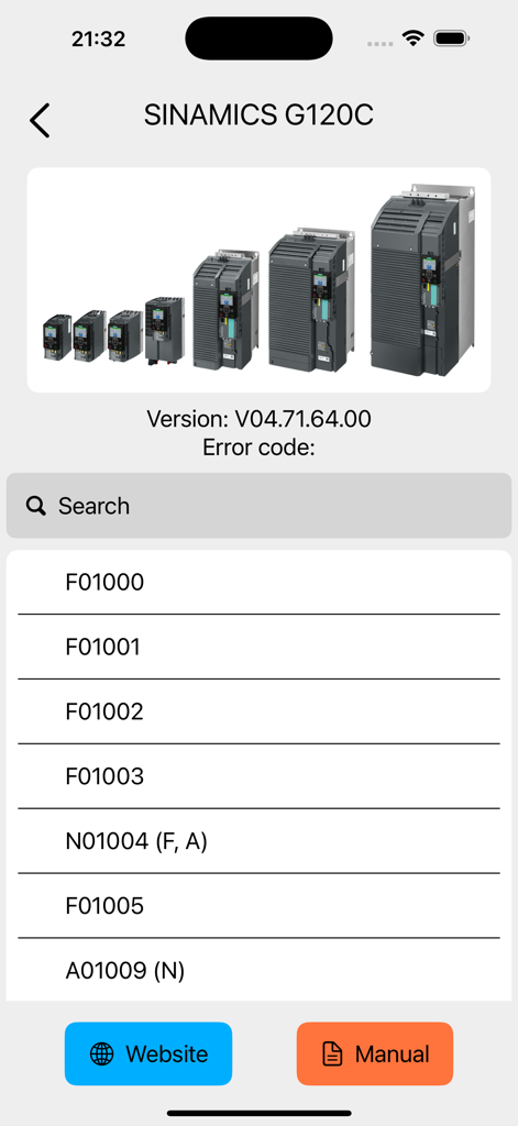 SINAMICS Fault Finder - Fault code list for SINAMICS G120C in the SINAMICS Fault Finder app