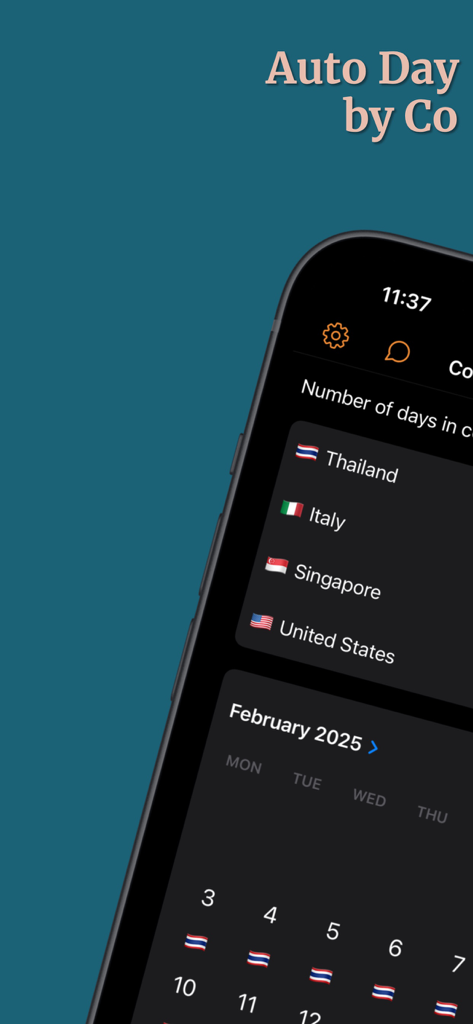 Country Days Tracker - Écran d'iPhone montrant une liste de pays visités et un calendrier de voyage mensuel dans l'application Country Days Tracker