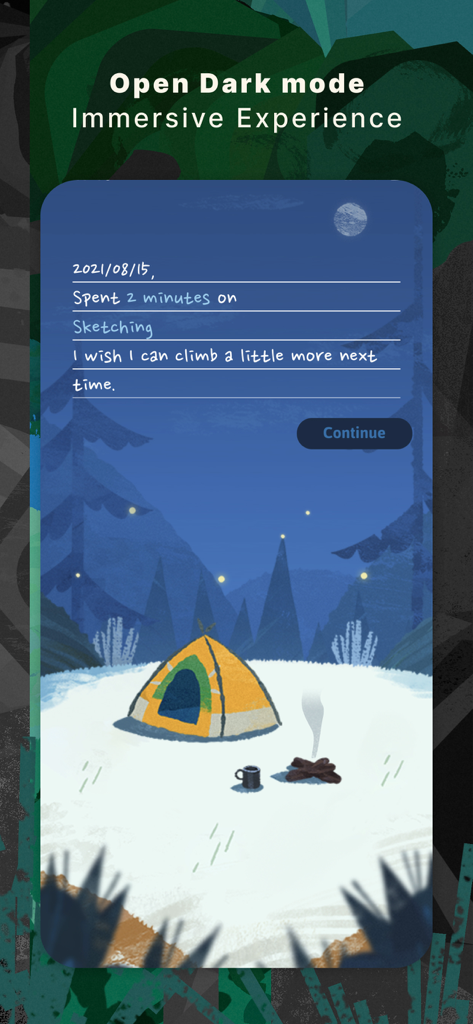 Focus Traveller app interface in dark mode with a snowy night camping illustration and session summary.