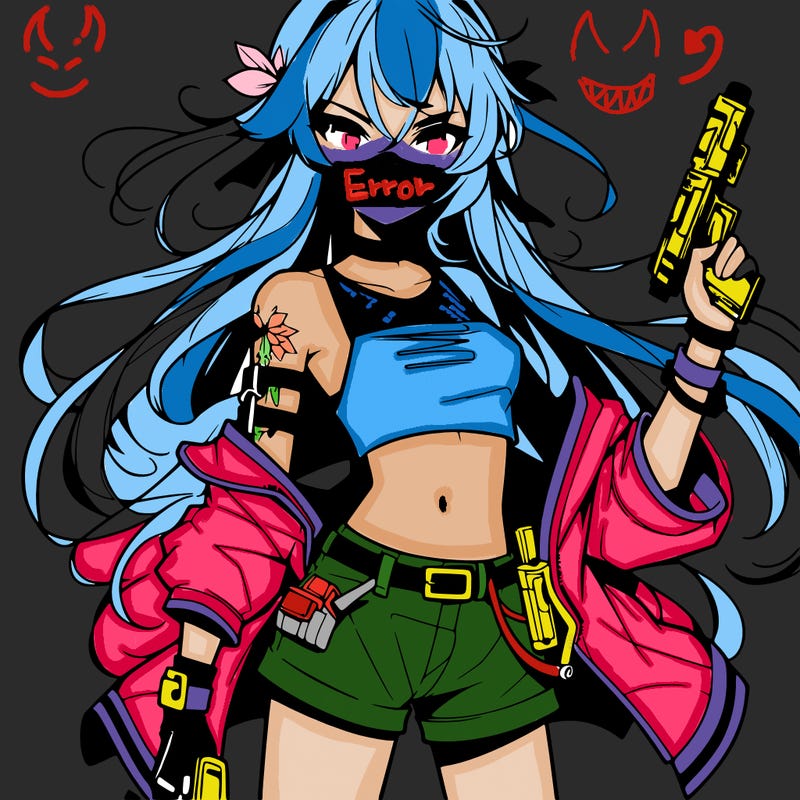 bad girl wearing crop top holding a gun long hair anime