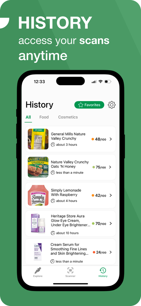 OneLabel: Product Scanner - The History screen of the OneLabel app showing a list of scanned food and cosmetic products with their respective health scores.