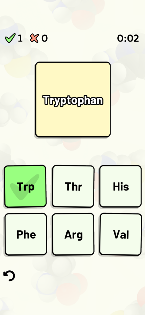 Multiple choice quiz in the Amino Acid Quiz app identifying the 3-letter code for Tryptophan