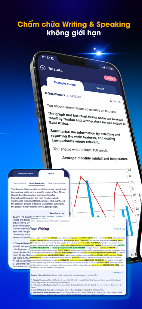 Edmicro IELTS - Edmicro IELTS app interface showing AI-driven writing and speaking feedback with detailed corrections