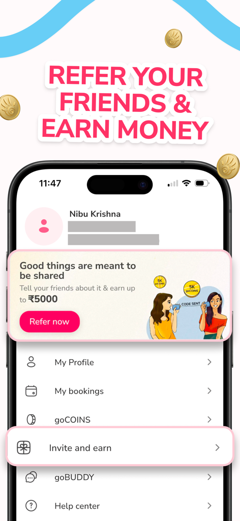 goSTOPS app interface highlighting the invite and earn feature with a referral rewards banner