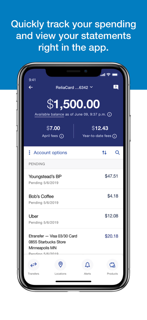 A screenshot of the U.S. Bank ReliaCard app showing an account balance of 1500 dollars and a list of recent transactions for spending tracking.