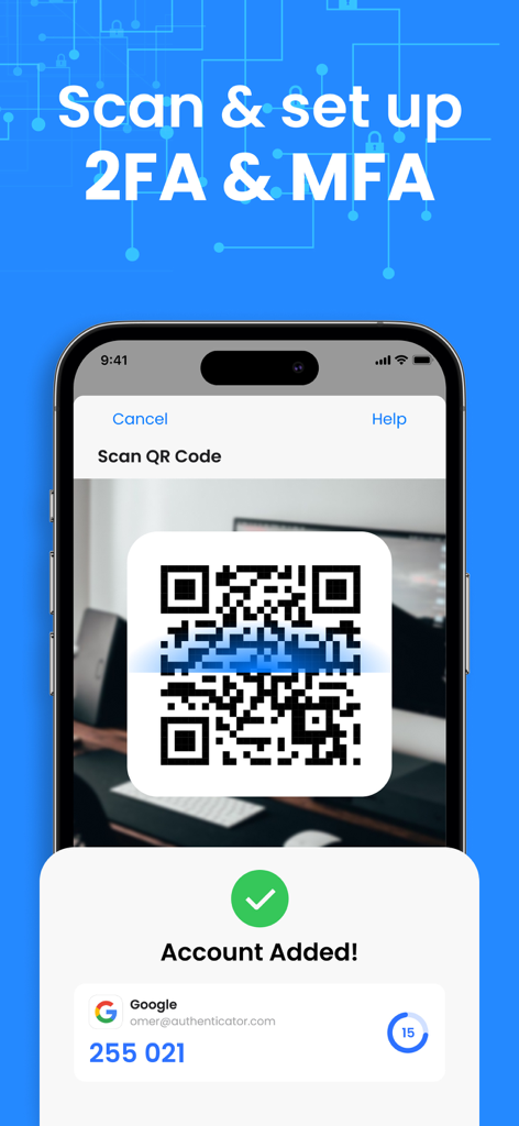 iPhone scanning a QR code to set up two factor authentication for a Google account