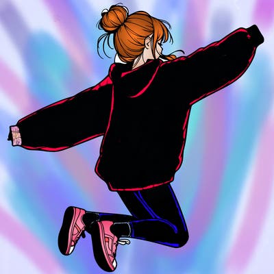 realistic girl jumping with a bun and oversized sweatshirt