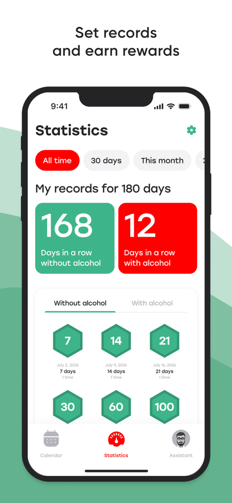 SuperMe — Sober Tracker - Statistics screen of the SuperMe app showing a 168 day sobriety streak and earned achievement badges for being alcohol free