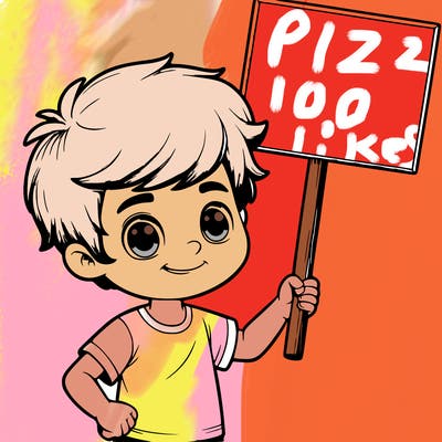 realistic boy holding up a sign