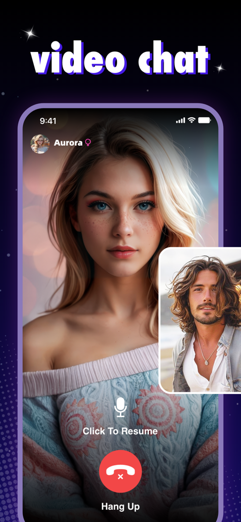 Character.Me: AI & Video Chat - Interface of the Character.Me app showing a video chat feature with a blonde AI companion named Aurora.