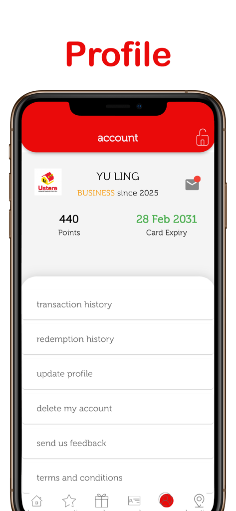 USTORE - USTORE-App-Mitgliederprofilbildschirm mit Anzeige des Prämienpunkteguthabens und des Kontomenüs