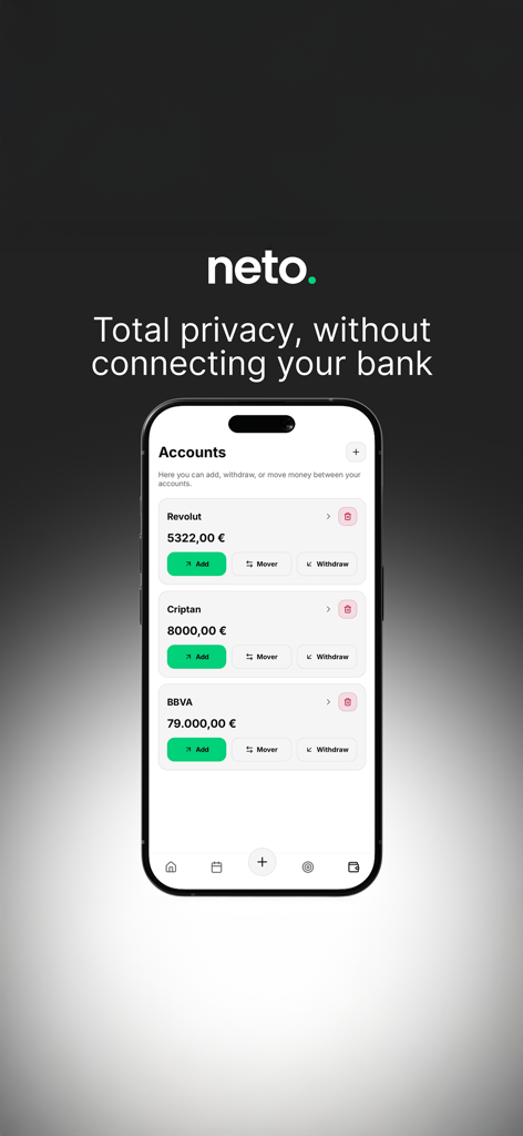 Neto: Budget & Expense Tracker - Neto budget tracker app interface showing manual account management for total privacy