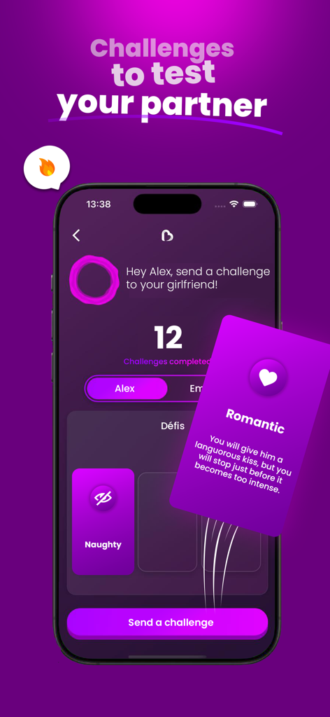 A mobile app interface showing various relationship challenges and romantic dares for couples.