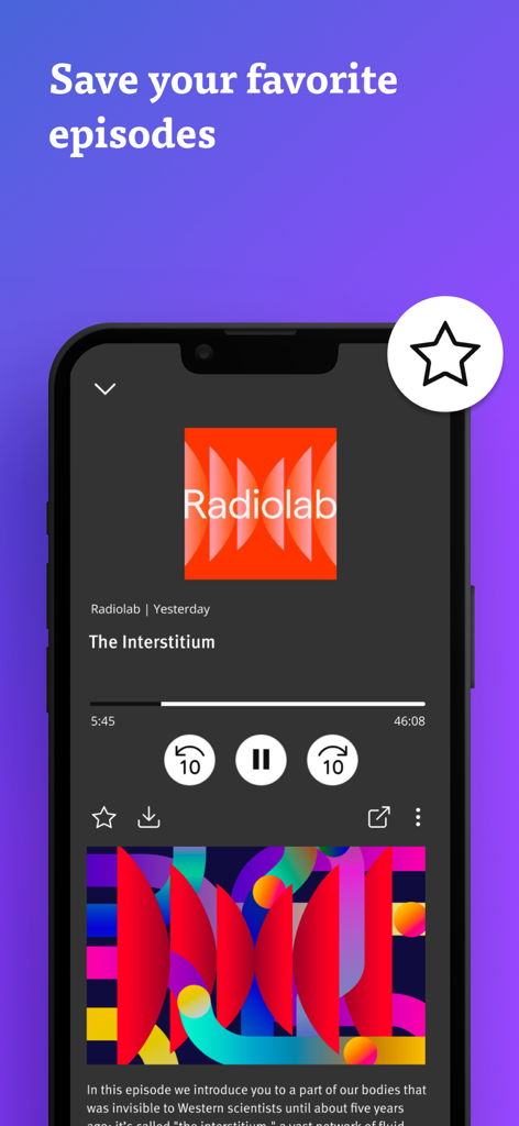 WNYC app screen showing a Radiolab podcast episode titled The Interstitium with a star icon to save favorites.