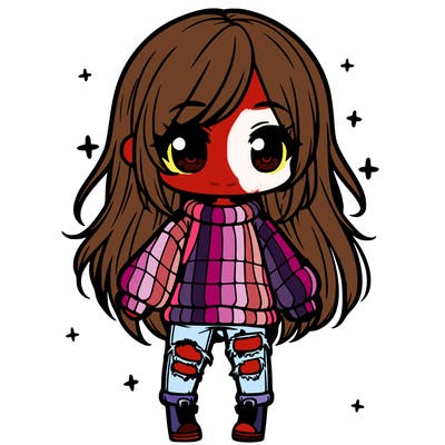 chibi girl with ripped jeans,long hair, and an oversized sweater