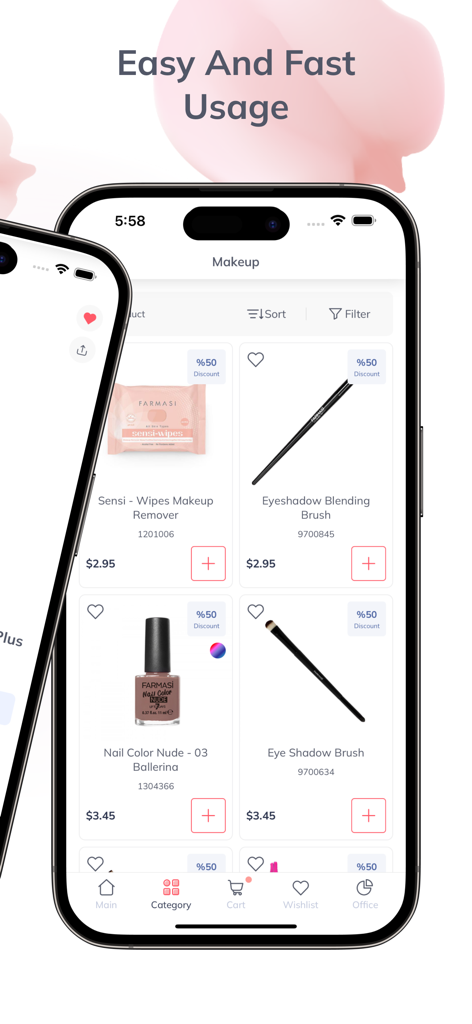 Mobile app interface for Farmasi International displaying makeup products like brushes and wipes with discount labels