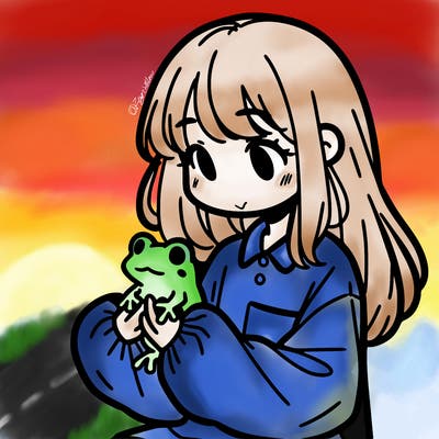 girl with long hair and a oversized shirt. and she is holding a frog