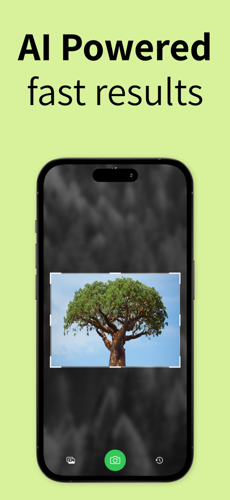 Tree Identifier: Wood & Leaf ‎ - スマートフォンの画面に、素早い結果を得るためのAI搭載樹木識別機能が表示される