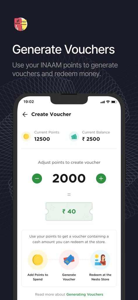INAAM - Una interfaz de aplicación móvil que muestra puntos de fidelidad y una herramienta para crear vales de compra.