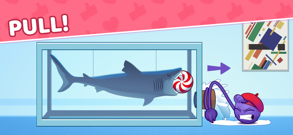 Catch the Candy 2 - A purple character in a red beret pulling a peppermint candy from a shark mouth inside an aquarium