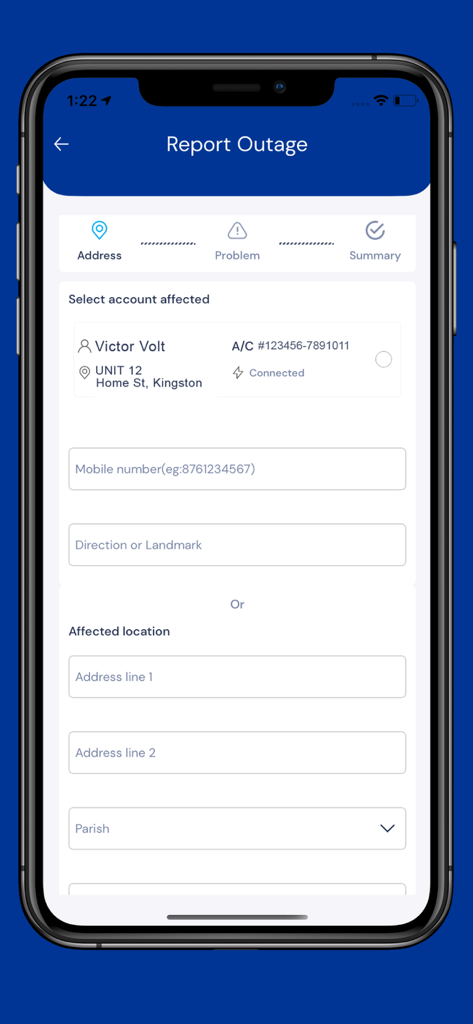MyJPS - Interfaz de la aplicación MyJPS que muestra el proceso para reportar un corte de suministro eléctrico para una cuenta registrada en Jamaica