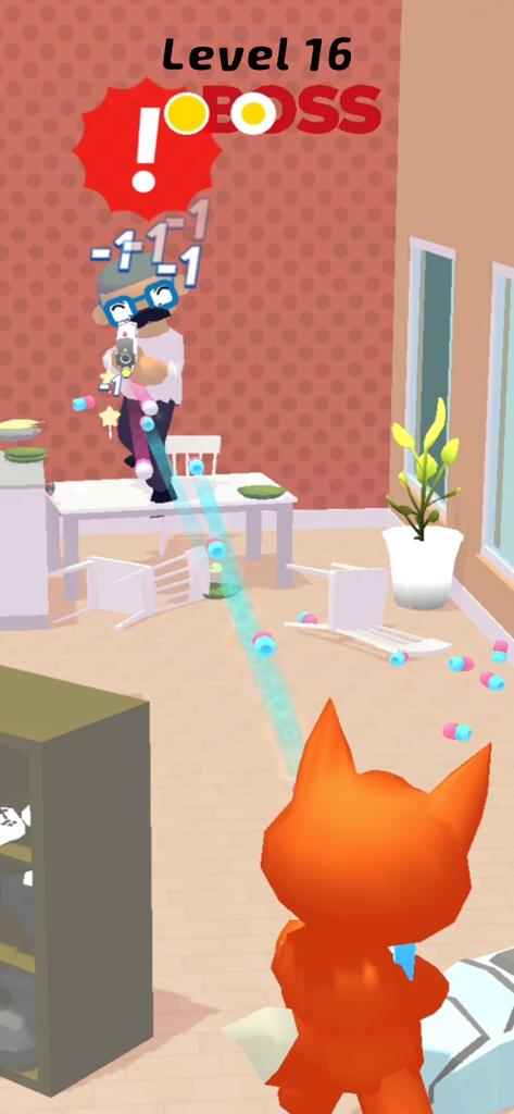 Epic Prankster: Hide and shoot - Epic Pranksterで、キツネの衣装を着たキャラクターがボスにブラスターを発射している。