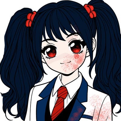 realistic girl with two ponytails and a suit on