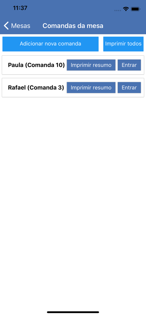 Saipos Garçom - 레스토랑 테이블에 대한 고객 주문 탭을 표시하는 모바일 앱 화면