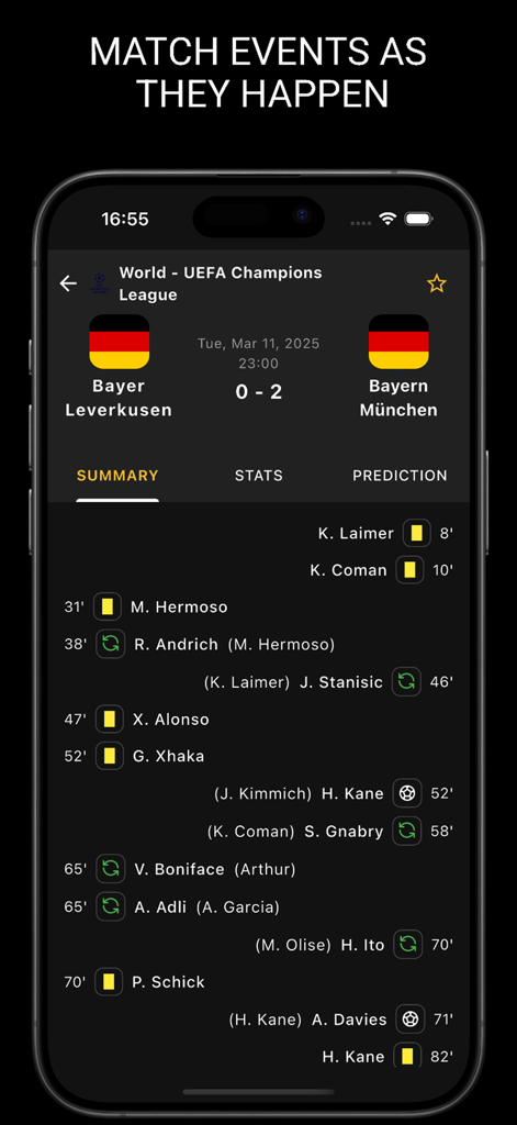 Double Chance Predictions - Real time football match event summary for Champions League in Double Chance Predictions app